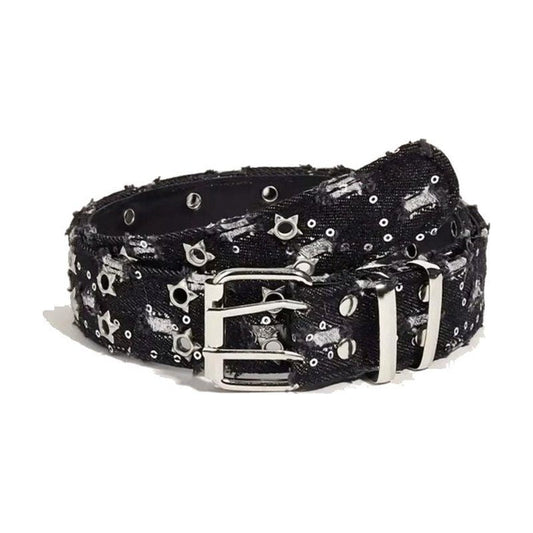 Rivet Belt Black Denim – ceinture denim noir à œillets étoiles